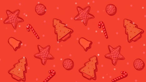 animación de nieve cayendo sobre el patrón de navidad sobre fondo rojo