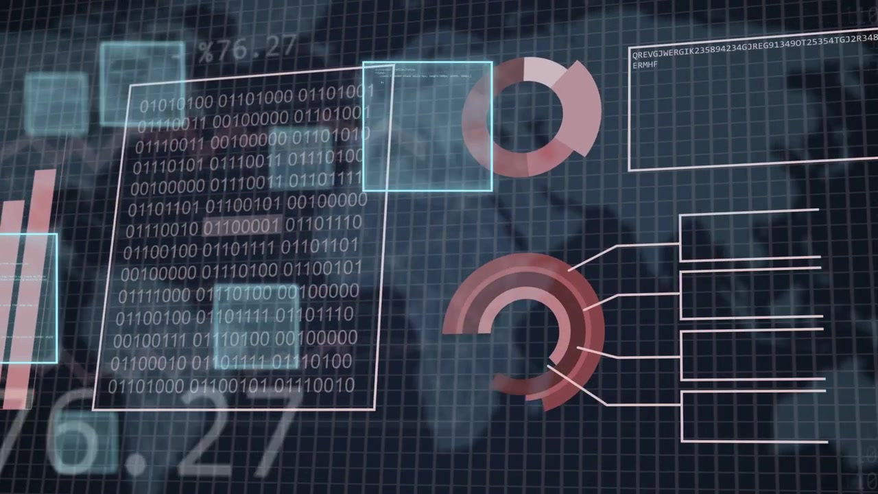 Data stream starting dashboard panels sliding and scaling charts rising binary updating forming HUD