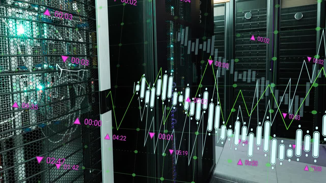Animazione di elaborazione dati su una rete a griglia in una sala server.