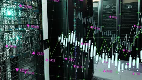 Animation-Der-Datenverarbeitung-über-Ein-Grid-Netzwerk-Vor-Dem-Hintergrund-Eines-Computerserverraums