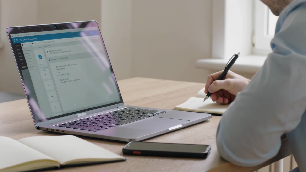 Leaning man blue-shirt typing at laptop on windowed-table writing in notebook for work, copy space