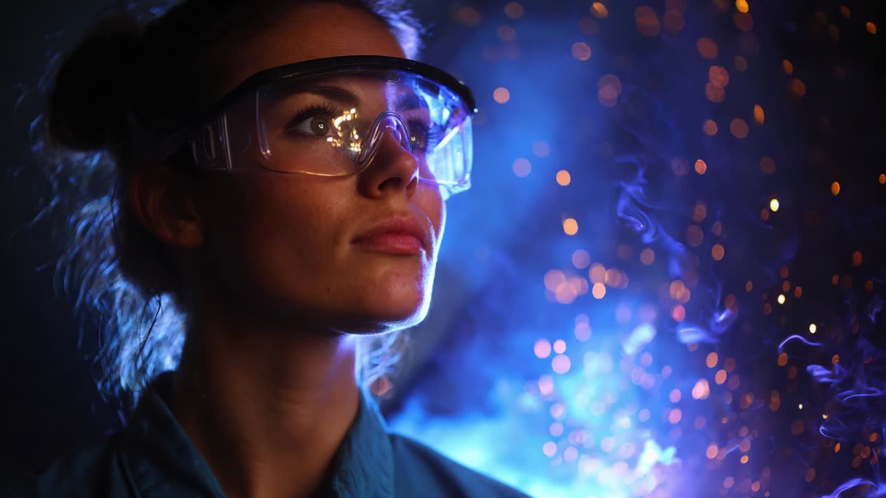 A focused and determined woman wearing protective eyewear stands amid a mesmerizing backdrop of colorful sparks and swirling smoke, highlighting her dedication to science and safety in a dynamic environment