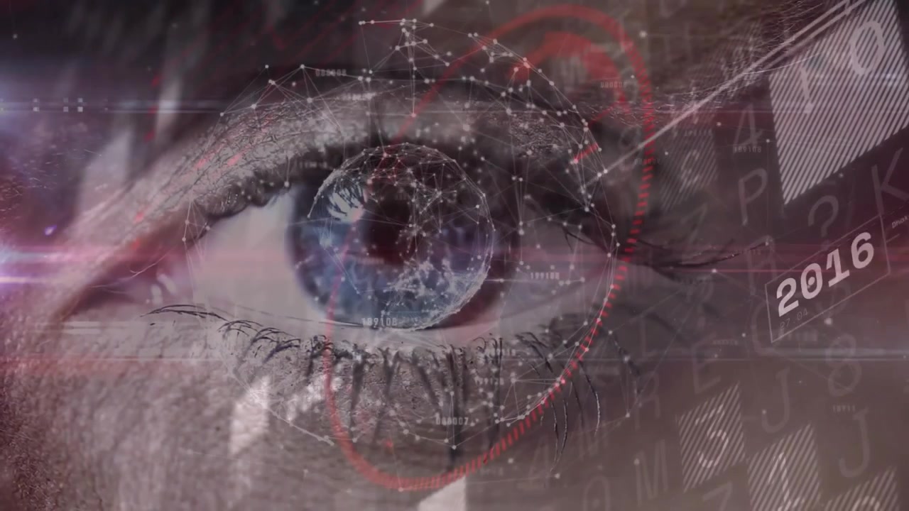 Quando appare un cerchio rosso, un occhio femminile si apre lentamente mentre scansiona una cronologia di dati globali.