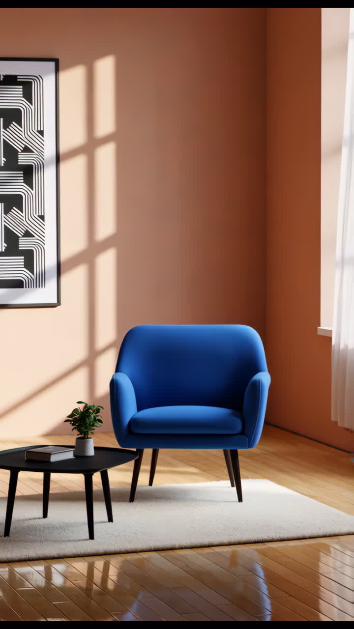 Soggiorno moderno con poltrona blu e ombre della luce solare