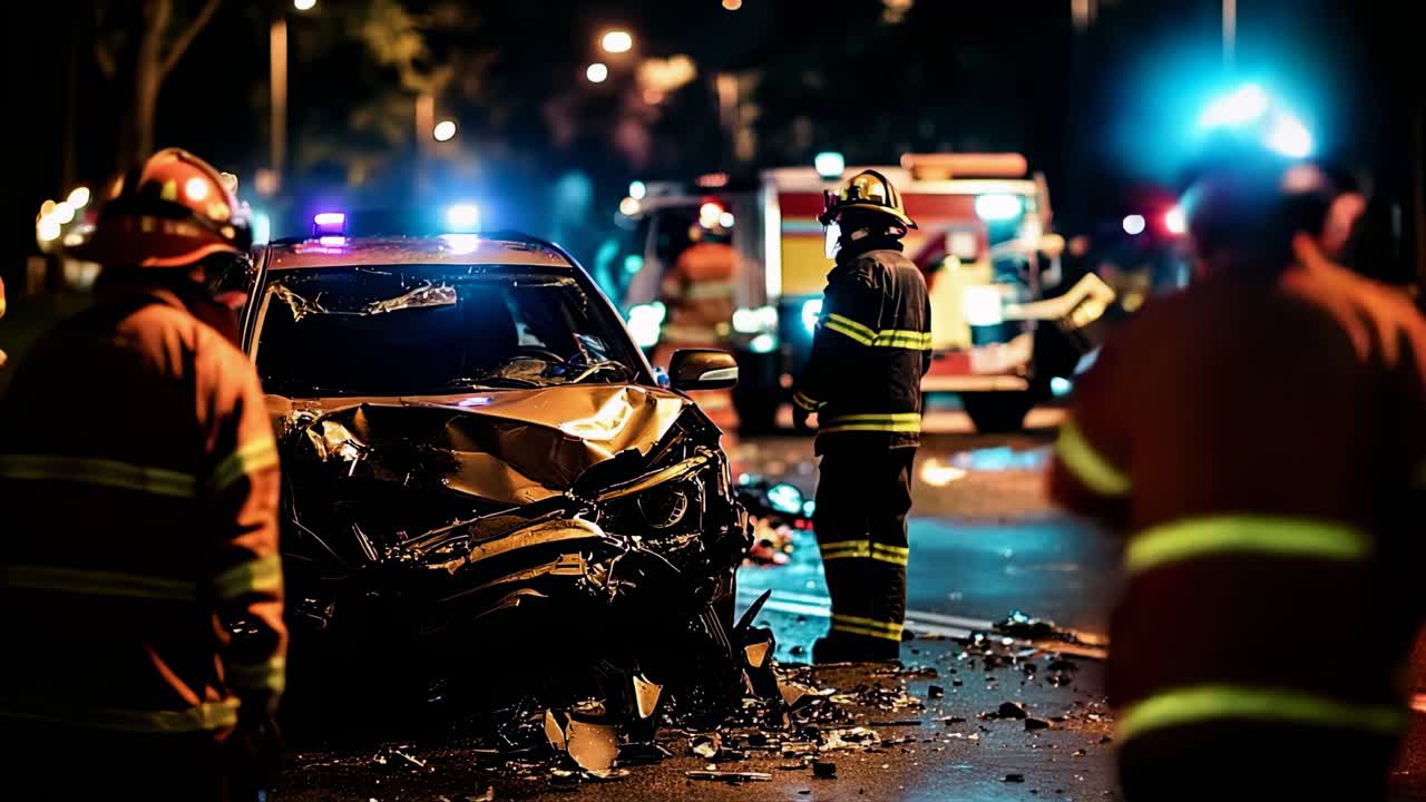 First Responders, firefighters and police officers on a wet night respond to a traffic accident.