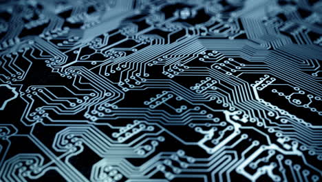 Close-up-on-the-computer-circuit-board.-It-may-represent-electronic-connections,-communication,-futuristic-technology.-Sharp-lines-of-Printed-Circuit-Board-network-of-connections.-Loopable.-HD