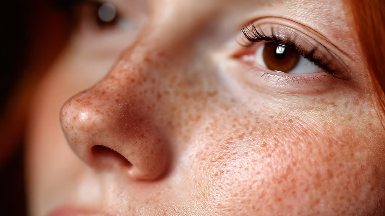 A Captivating Close-Up of a Young Woman's Freckled Face, Showcasing Her Beautiful Features and Expressive Eyes in a Soft, Natural Light