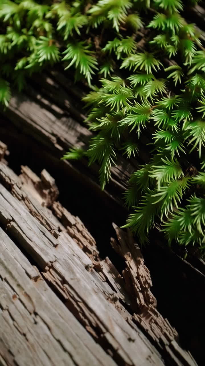 Close-up view of moss growing on weathered wood