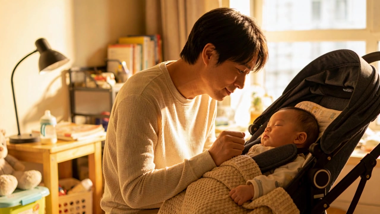 졸린 아기를 알아차린 니트 스웨터 차림의 아시아인 아빠가 웅크려 앉아 유모차에 있는 아기의 뺨을 만지며 옹알이하는 모습.