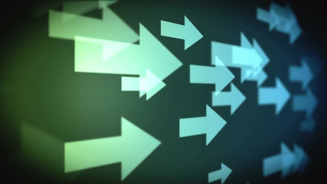 animación de formas púrpuras sobre flechas sobre fondo negro.