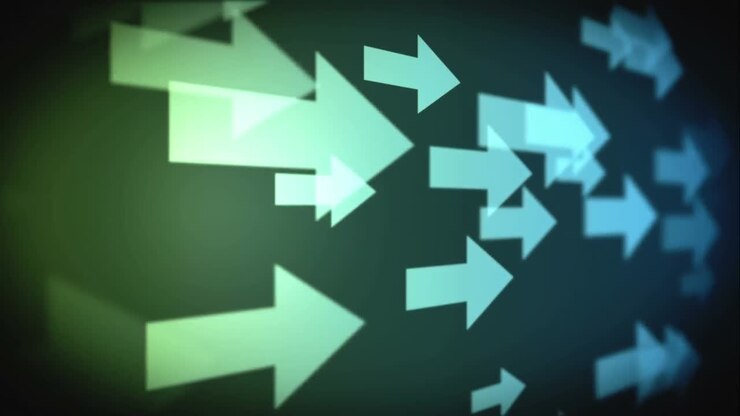 Animation of purple shapes over arrows on black background