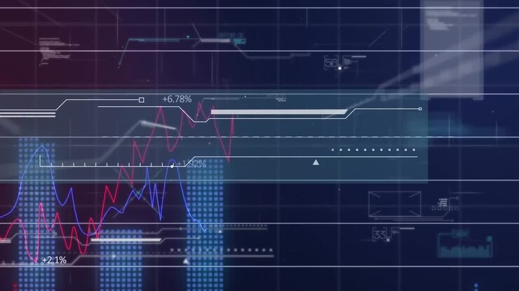 Animation of financial data processing over grid on screen
