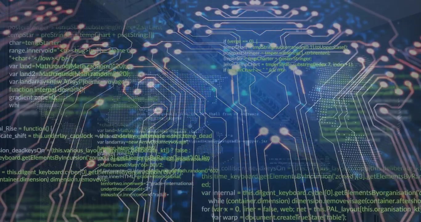 Animation of dots forming circuit board pattern over programming language against blue background