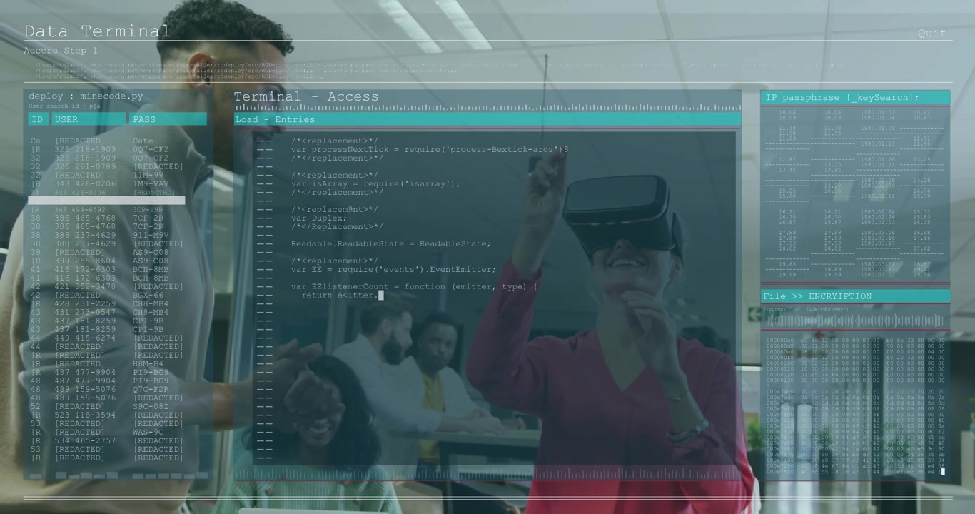 Woman putting on VR headset and initiating code overlay deployment in open-plan tech office