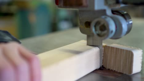 cutting wood with a band saw in a workshop