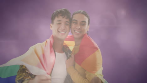 wrapped in rainbow flag, two people smiling against soft purple background animation