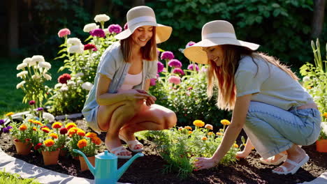 women gardening in a flower garden