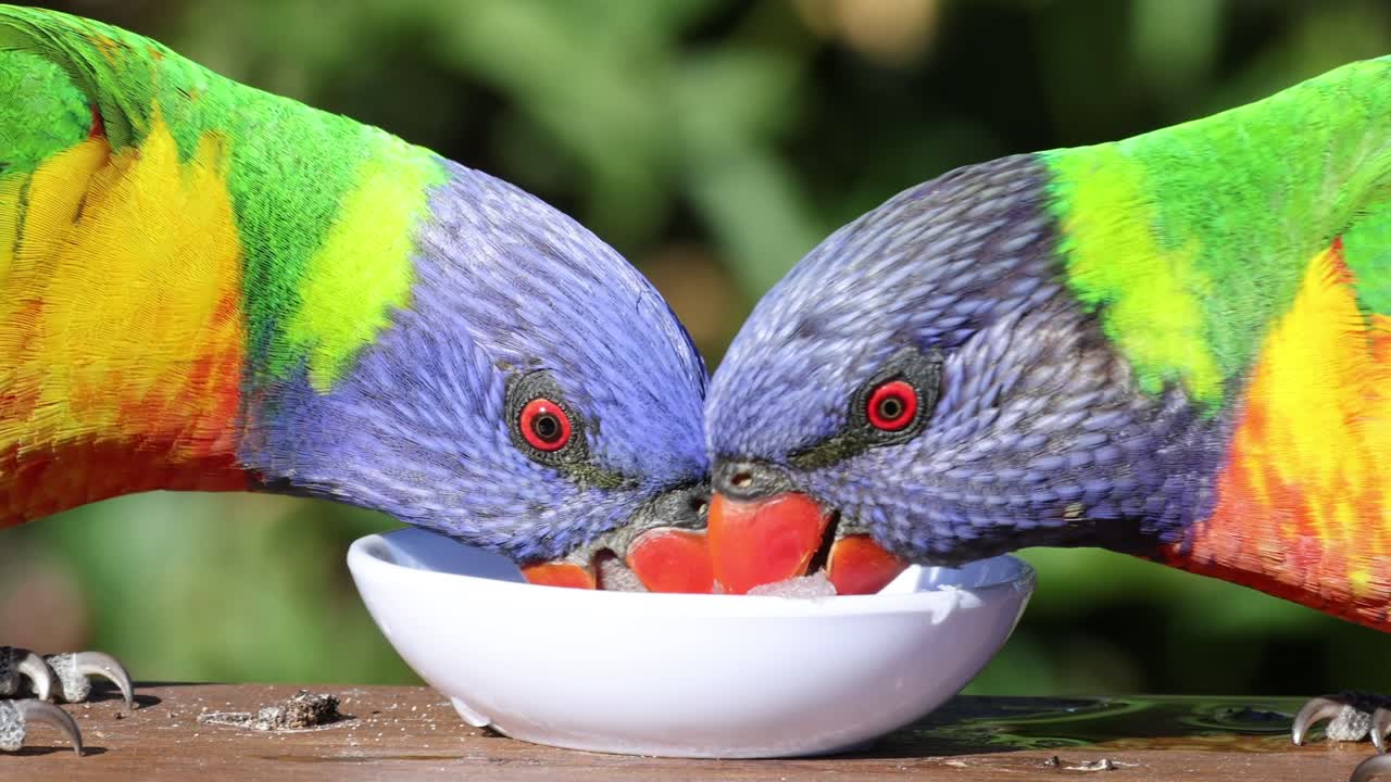 Two vibrant parrots eating together from a bowl