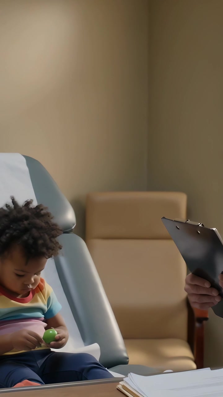 Vertical video: Cam panning, child playing with green toy for checkup, clinician holding clipboard