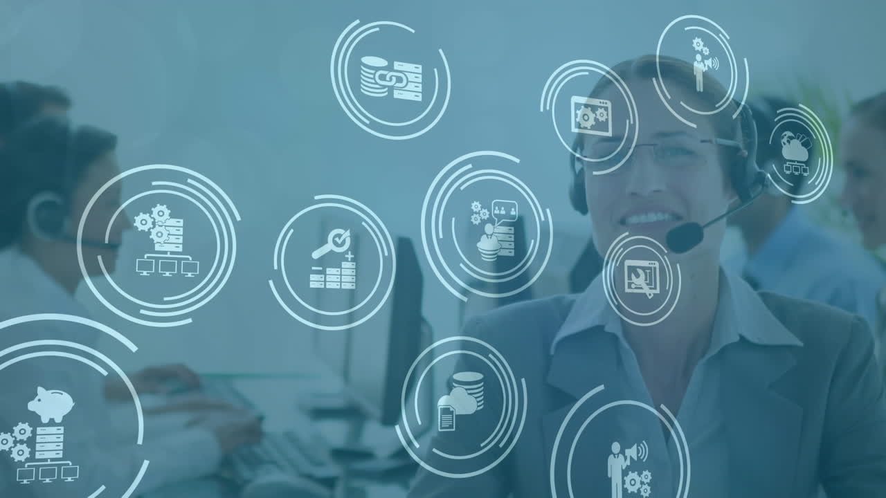 animación de la red de conexiones con iconos sobre personas de negocios que usan auriculares telefónicos