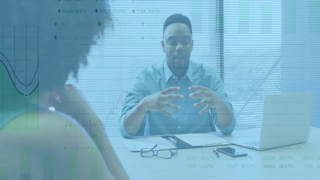 Presenter using hand gestures and generating business charts and guiding colleague in analysis