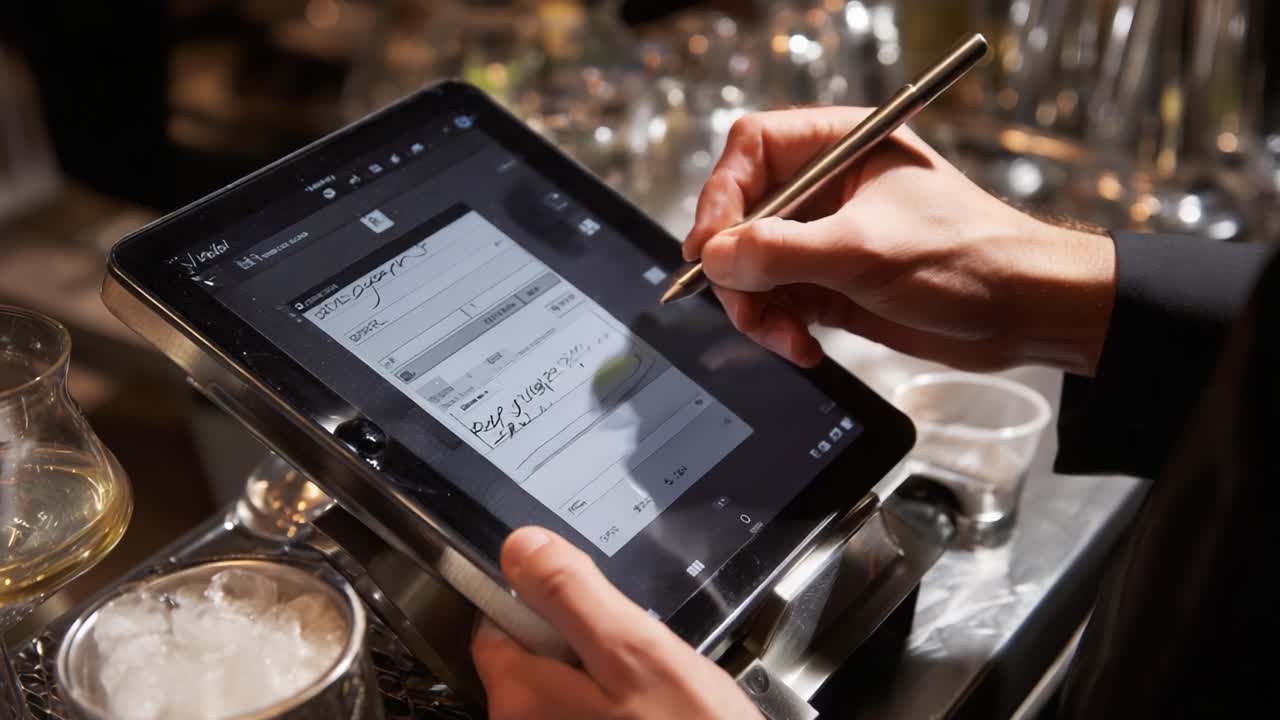 A Hand Using a Stylus on a Tablet to Fill Out Digital Forms, Surrounded by Glassware and Bar Accessories in a Sophisticated Setting, Capturing Modern Technology in Action