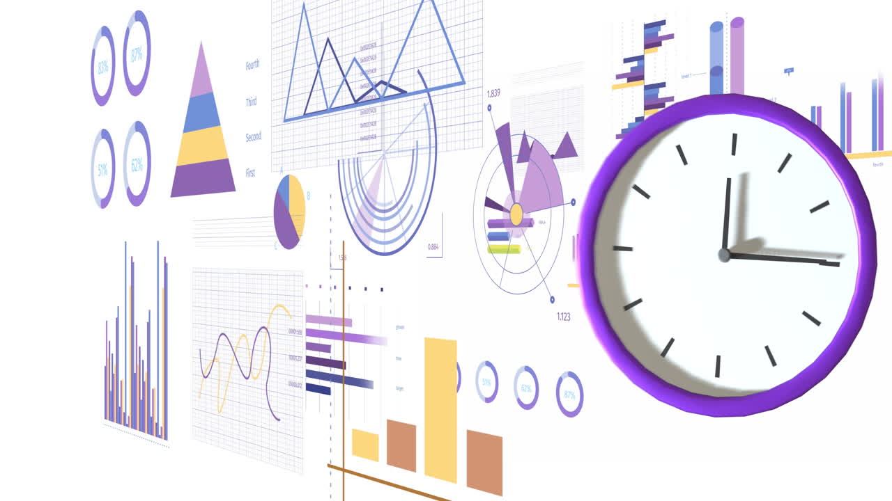 Animation of clock moving and data processing on white background
