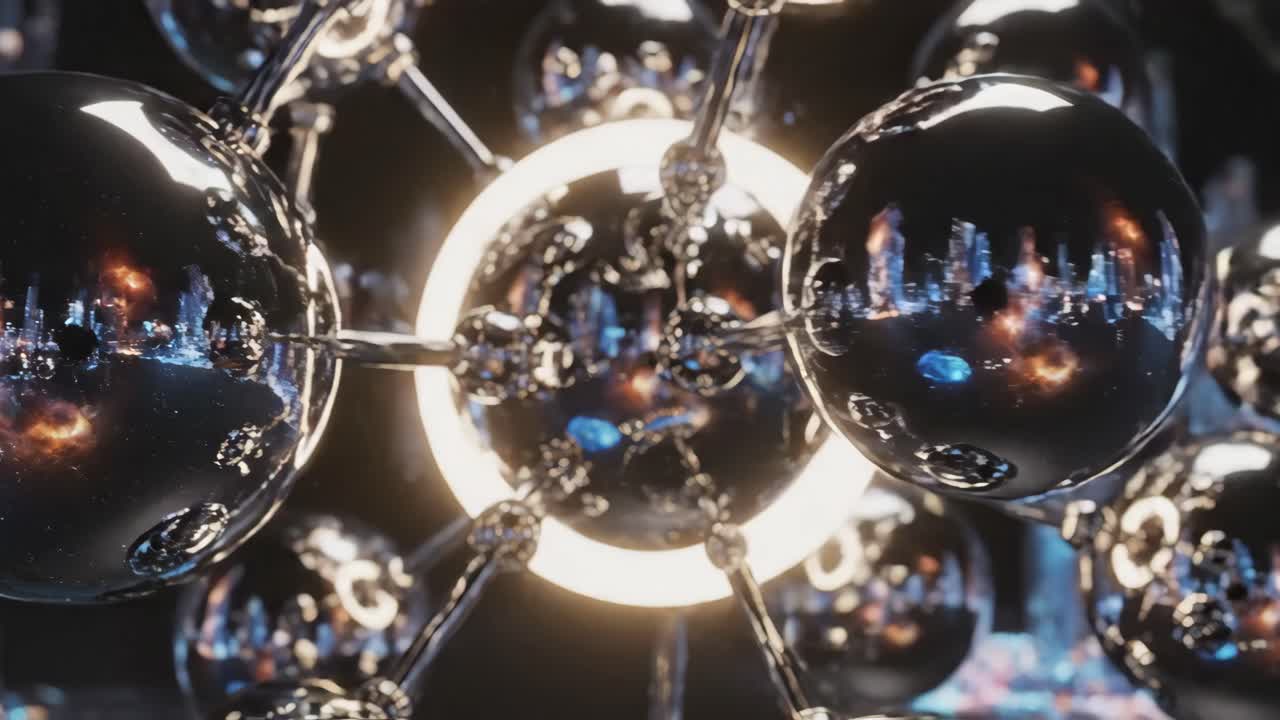 Abstract Molecular Structure with Cityscape Reflection