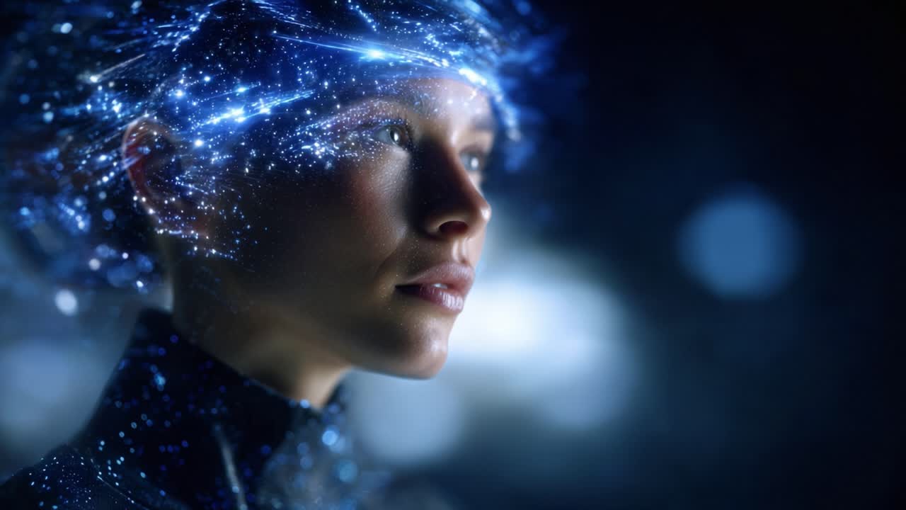 A futuristic portrait depicting a human figure with a luminous, starry aura, representing the fusion of technology and human consciousness in a mesmerizing visual setup