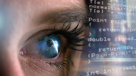 animation of data processing over eye of caucasian woman