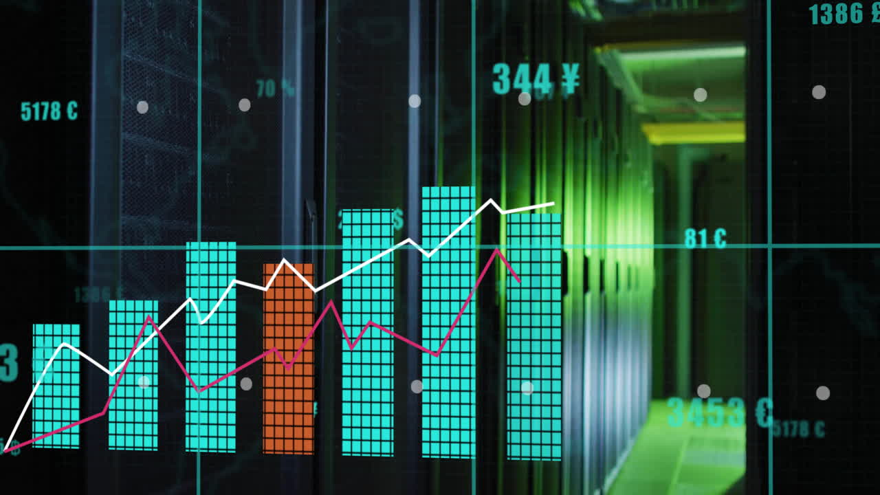 Financial data analysis animation over server room with green lighting