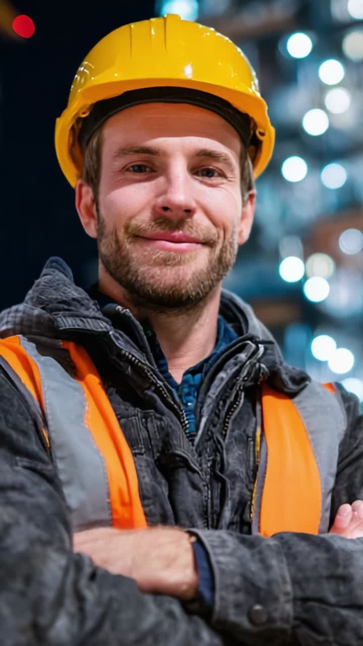 Operaio edile sicuro di sé con indumenti protettivi che sorride di notte, mostrando professionalità e impegno per la sicurezza in un cantiere