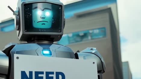 robot seeking employment in a futuristic city