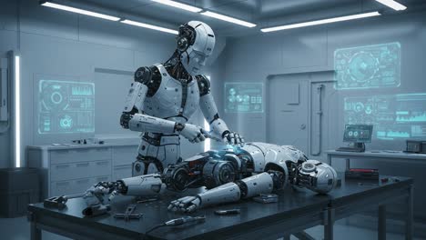 in a futuristic laboratory, a robotic figure meticulously repairs another robot's internal mechanisms, showcasing advanced technology and the relationship between machines and artificial intelligence