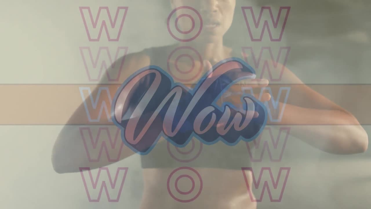 composición digital de wow texto contra la boxeadora cerrando sus puños