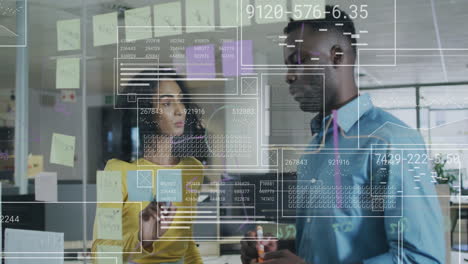 animation of data processing over diverse colleagues discussing work in office