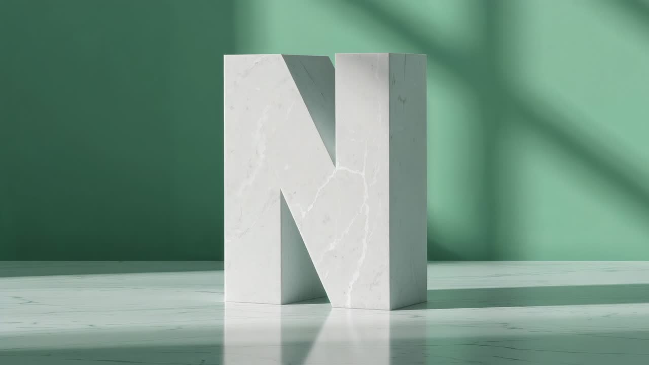 Rotating marble letter N on reflective tabletop against green wall, window-cast shadows shifting