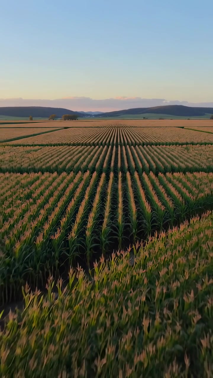 Video verticale: Drone che plana abbassandosi in avanti sopra file di mais all'alba, rivelando colline distanti