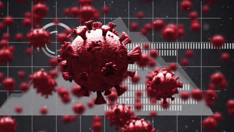 Digital-animation-of-multiple-covid-19-cells-floating-against-round-scanner-and-graphs