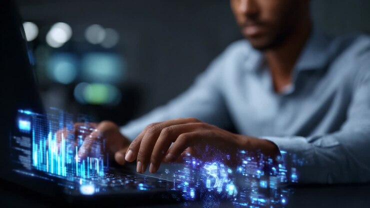 A focused individual engages with a laptop, immersed in a digital landscape filled with vibrant data visualizations and futuristic graphics, illustrating the intersection of technology and analysis