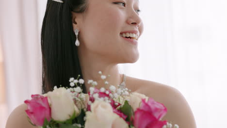 rose, wedding and bride with flowers happy