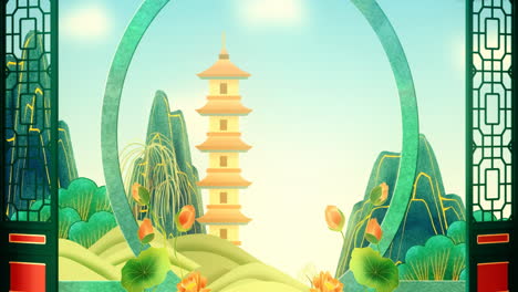 door open mysterious landscape china's traditional oriental digital art animation, chinese retro painting ink misty mountain with flowers, tree, birds, river in fog background