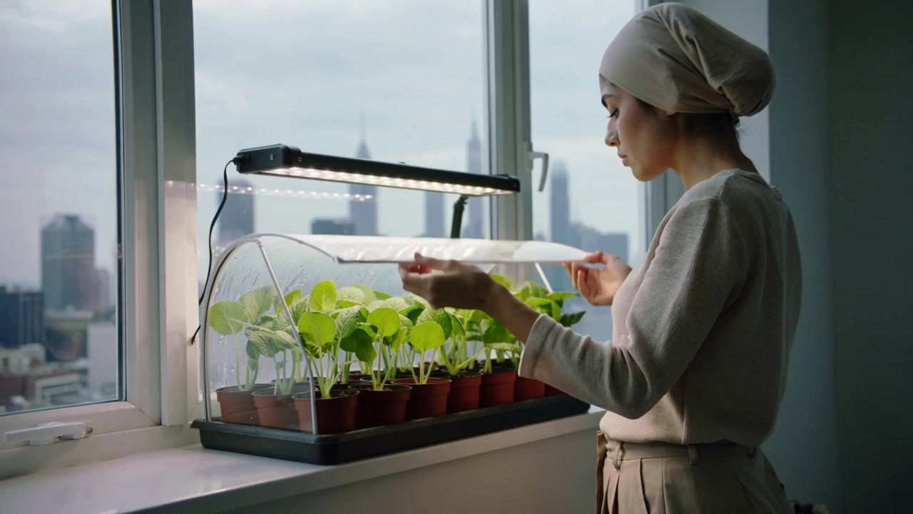 Donna in maglione che si avvicina, sollevando una cupola per controllare le piantine sul davanzale sotto LED per farle prendere aria, con spazio per il testo.