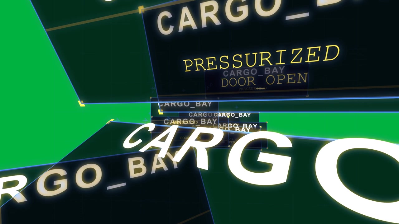 HUD menggerakkan CARGO_BAY ke kiri, ubin masuk, memperbesar dan berputar, berdenyut untuk status, latar belakang transparan