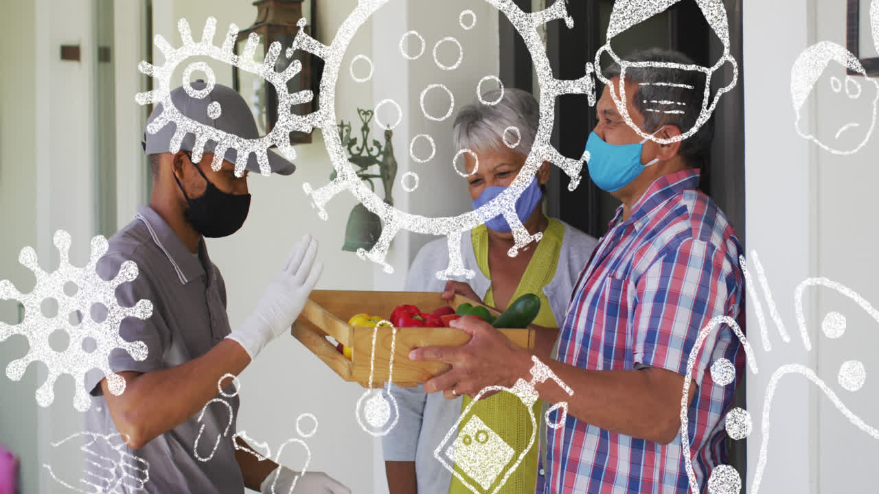 covid-19 アイコンのアニメーションはマスクをかぶった高齢者カップルに食べ物を配達する男性の上に描かれています