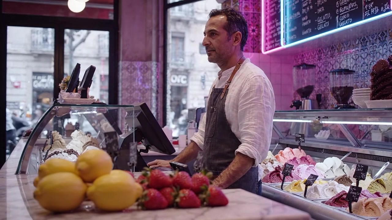 Un Gelataio Appassionato Sta Davanti a un Vivace Espositore di Gelati, Servendo Meticolosamente i Clienti con un Sorriso Caloroso e una Passione per Dolci e Sapori.