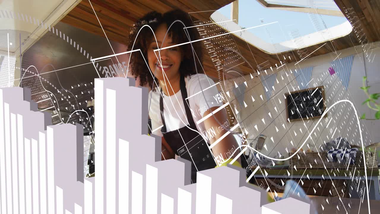 Food vendor woman wiping counter prepping for service, spraying while HUD charts overlaying window