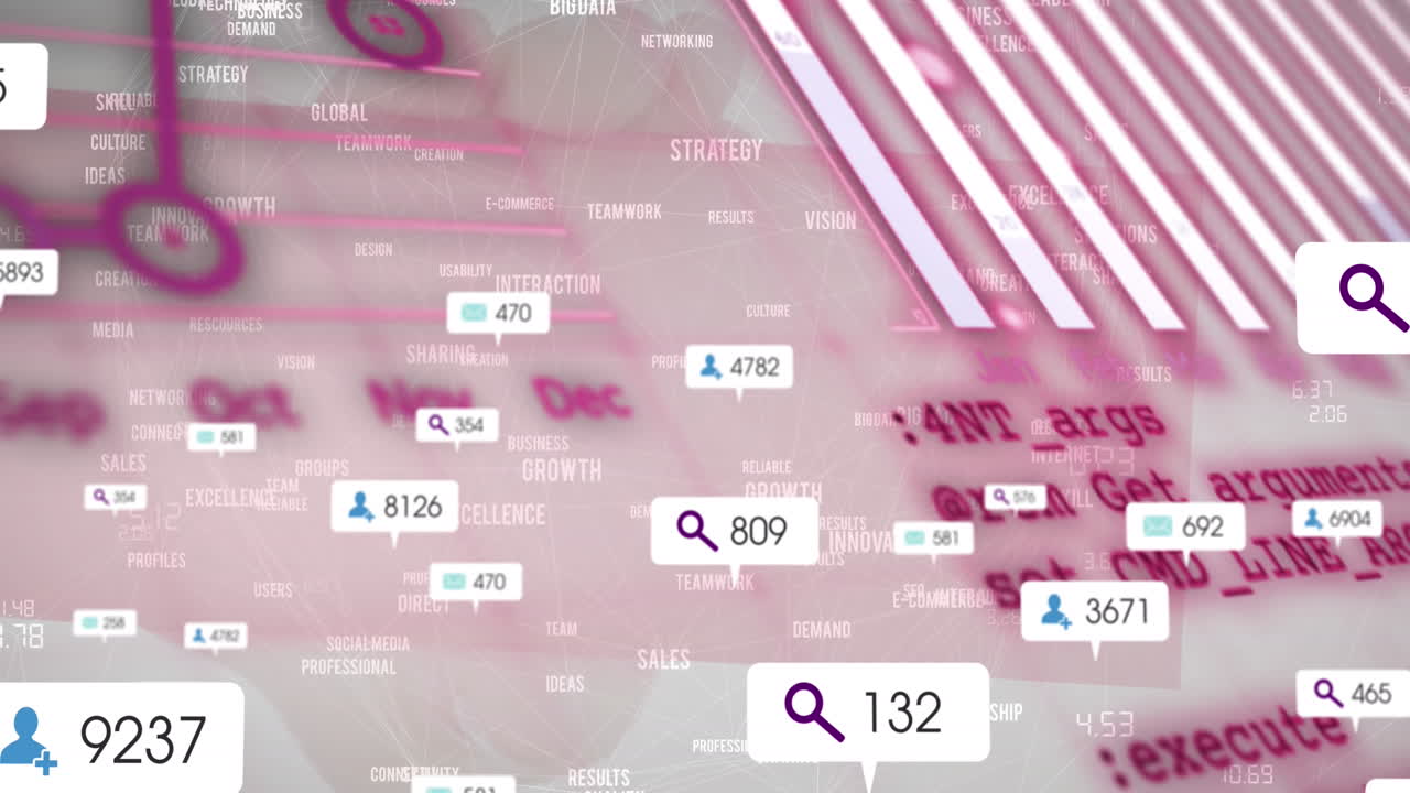 Animation of social media icons and statistical data processing against network of business texts