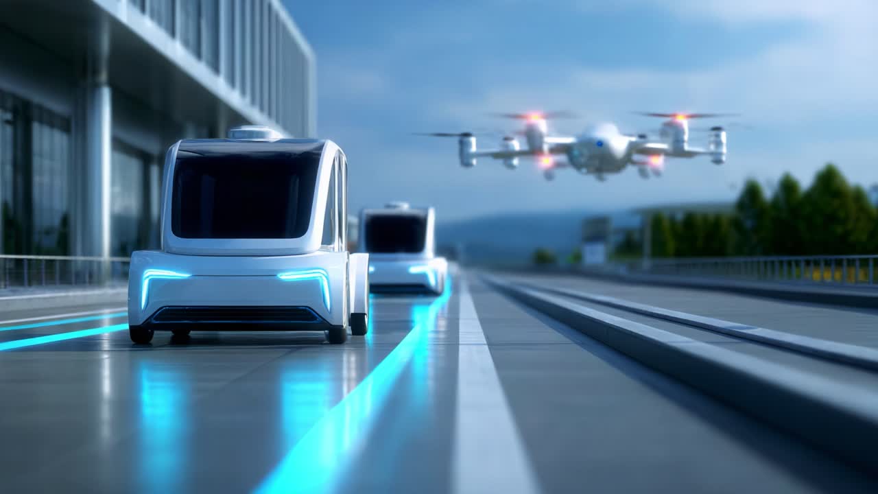 Innovative Future Transport: Autonomous Vehicles and Drones on a High-Tech Urban Roadway Showcasing Cutting-Edge Technology for Smart Cities and Sustainable Transportation Solutions