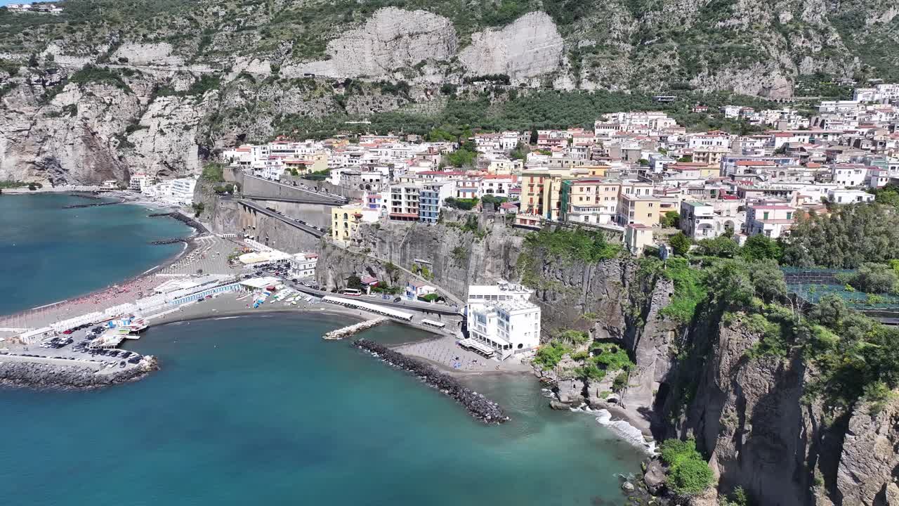 Sorrento Beach At Sorrento In Naples Italy. Coastal City. Waterfront Landscape. Sorrento Beach At Naples Italy. Beach Scenery. Medieval Buildings. Sorrento Skyline. Amalfi Coast.